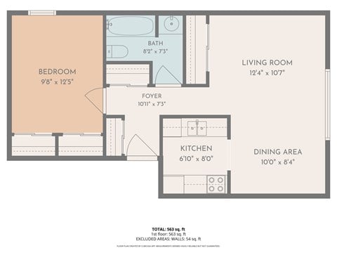 Floor plan for 1 bed, 1 bath, 850 sqft